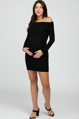 Black Ribbed Foldover Off Shoulder Maternity Dress