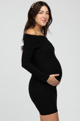 Black Ribbed Foldover Off Shoulder Maternity Dress