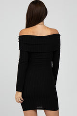 Black Ribbed Foldover Off Shoulder Maternity Dress