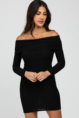 Black Ribbed Foldover Off Shoulder Maternity Dress