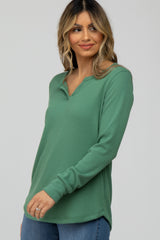 Green Waffle Knit Split Neck Long Sleeve Top