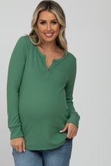 Green Waffle Knit Split Neck Long Sleeve Maternity Top