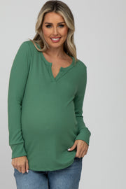 Green Waffle Knit Split Neck Long Sleeve Maternity Top