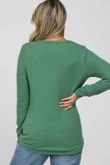 Green Waffle Knit Split Neck Long Sleeve Maternity Top