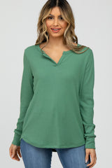 Green Waffle Knit Split Neck Long Sleeve Maternity Top