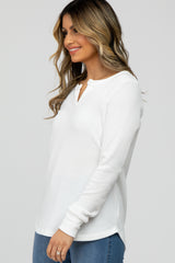 White Waffle Knit Split Neck Long Sleeve Top