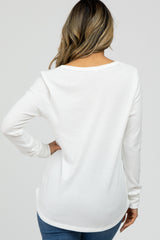 White Waffle Knit Split Neck Long Sleeve Top