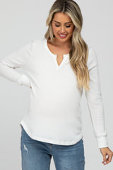 White Waffle Knit Split Neck Long Sleeve Maternity Top