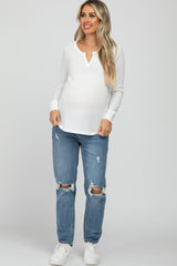 White Waffle Knit Split Neck Long Sleeve Maternity Top