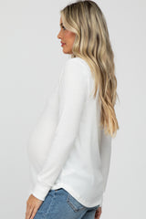 White Waffle Knit Split Neck Long Sleeve Maternity Top