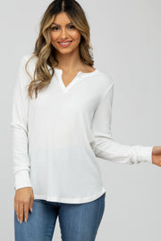 White Waffle Knit Split Neck Long Sleeve Top