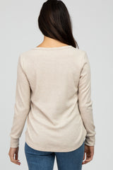 Beige Waffle Knit Split Neck Long Sleeve Top