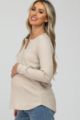 Beige Waffle Knit Split Neck Long Sleeve Maternity Top