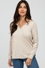 Beige Waffle Knit Split Neck Long Sleeve Maternity Top