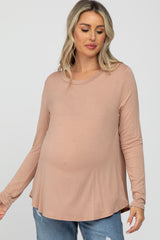 Light Mocha Solid Long Sleeve Maternity Top