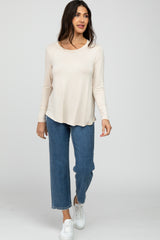 Beige Solid Long Sleeve Top