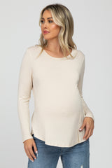 Beige Solid Long Sleeve Maternity Top