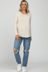 Beige Solid Long Sleeve Maternity Top