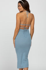 Light Blue Front Cutout Halter Maternity Midi Dress