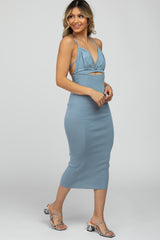 Light Blue Front Cutout Halter Midi Dress