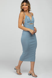 Light Blue Front Cutout Halter Midi Dress