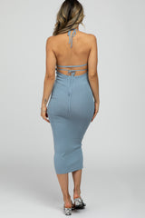 Light Blue Front Cutout Halter Midi Dress