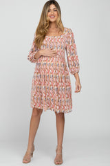 Light Pink Brushstroke Print Square Neck Maternity Dress