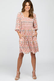 Light Pink Brushstroke Print Square Neck Dress