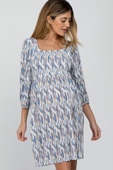 Blue Brushstroke Print Square Neck Maternity Dress