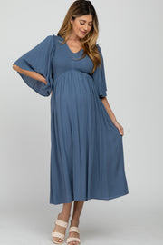 Blue Smocked Front Ruffle Sleeve Maternity Midi Dress