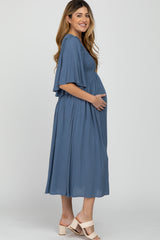 Blue Smocked Front Ruffle Sleeve Maternity Midi Dress