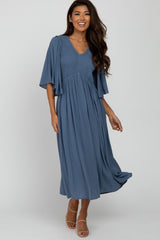 Blue Smocked Front Ruffle Sleeve Midi Dress