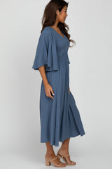 Blue Smocked Front Ruffle Sleeve Midi Dress