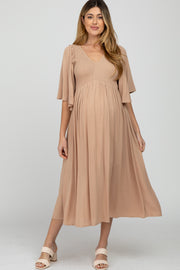 Taupe Smocked Front Ruffle Sleeve Maternity Midi Dress