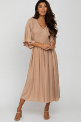 Taupe Smocked Front Ruffle Sleeve Midi Dress