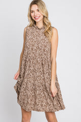 Mocha Floral Ruffle Mock Neck Tiered Dress