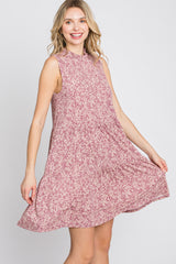 Mauve Floral Ruffle Mock Neck Tiered Dress