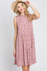 Mauve Floral Ruffle Mock Neck Tiered Dress