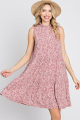 Mauve Floral Ruffle Mock Neck Tiered Dress