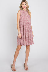 Mauve Floral Ruffle Mock Neck Tiered Dress