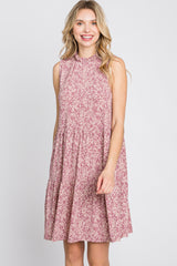 Mauve Floral Ruffle Mock Neck Tiered Dress