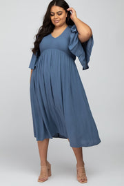 Blue Smocked Front Ruffle Sleeve Plus Midi Dress