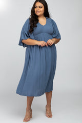 Blue Smocked Front Ruffle Sleeve Plus Midi Dress