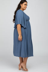 Blue Smocked Front Ruffle Sleeve Plus Midi Dress