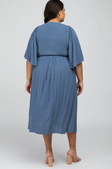 Blue Smocked Front Ruffle Sleeve Plus Midi Dress