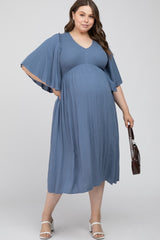 Blue Smocked Front Ruffle Sleeve Maternity Plus Midi Dress