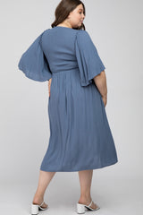 Blue Smocked Front Ruffle Sleeve Maternity Plus Midi Dress