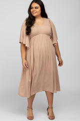 Taupe Smocked Front Ruffle Sleeve Maternity Plus Midi Dress