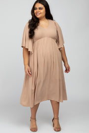 Taupe Smocked Front Ruffle Sleeve Plus Midi Dress