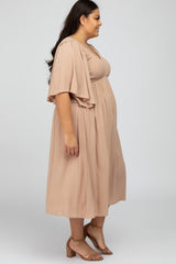 Taupe Smocked Front Ruffle Sleeve Plus Midi Dress